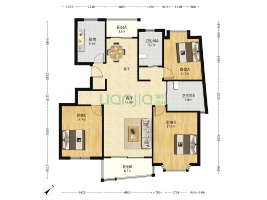 帆升公寓 3室1厅2卫 143平方