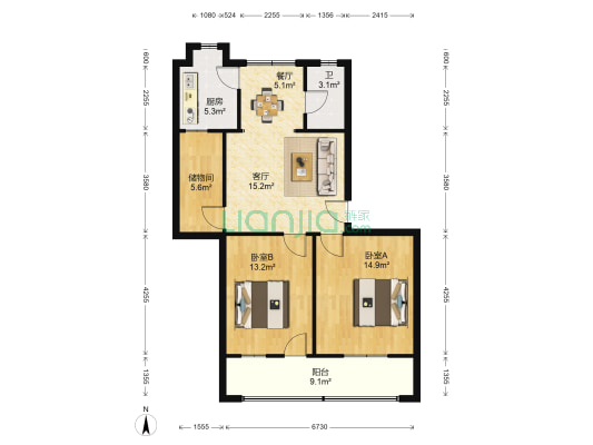 襄阳市妇幼保健院（南院） 2室2厅1卫 90平方