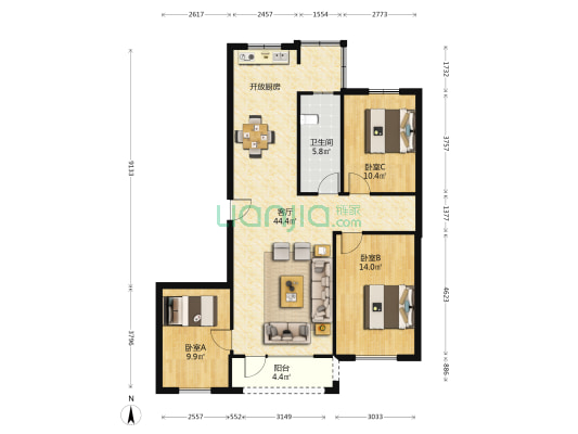 海港壹号南苑 3室1厅1卫 104平方