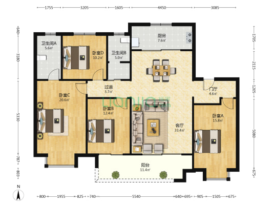 旭辉中心水投御府 4室1厅2卫 155平方