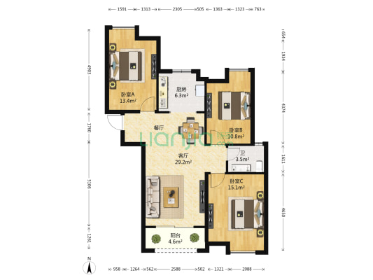 江铃时代城 3室1厅1卫 106平方