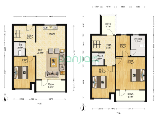 龙湖锦璘原著五期 3室1厅3卫 141平方