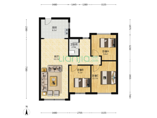 中海观澜庭 3室1厅1卫 110平方