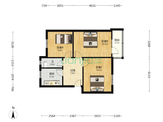 花园路54号院 3室0厅1卫 72平方
