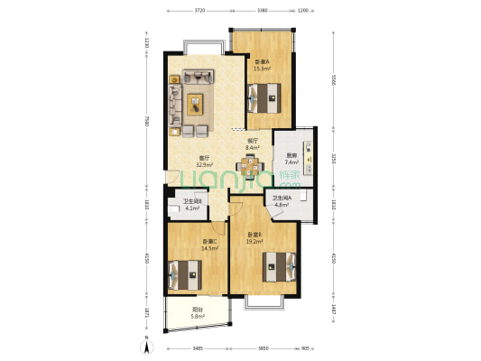 东榕公寓 3室2厅2卫 128平方