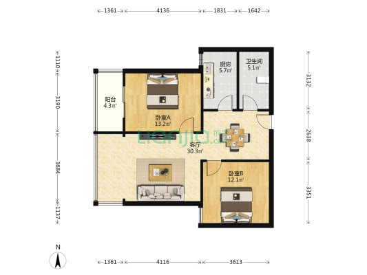 中车时代美居 2室1厅1卫 98平方