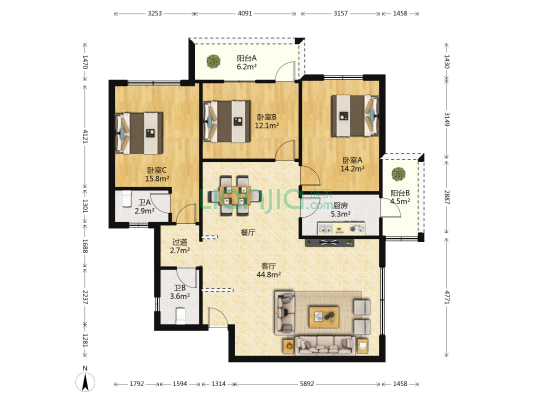 明园饭店宿舍 3室1厅2卫 121平方