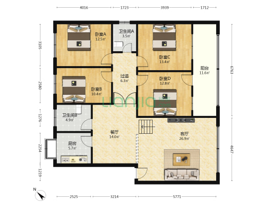 管道煤气家属院 4室2厅2卫 149平方