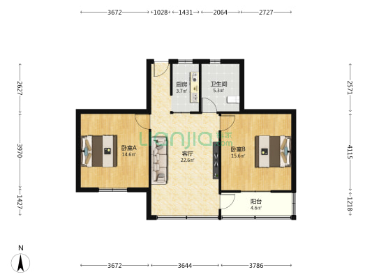 新建路 2室1厅1卫 80平方