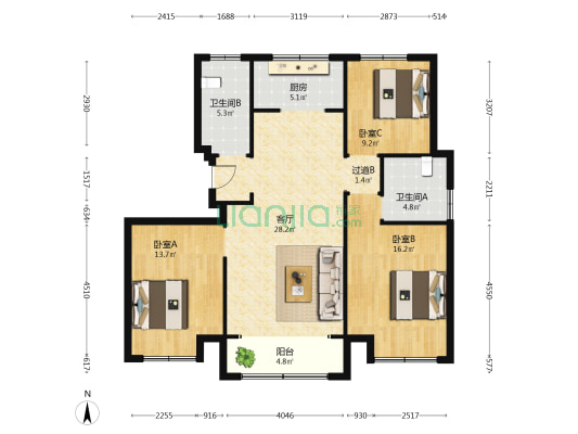 华林国际公馆东区 3室1厅2卫 122平方