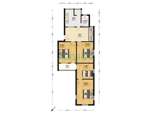 东台市气象局宿舍 4室1厅1卫 97平方