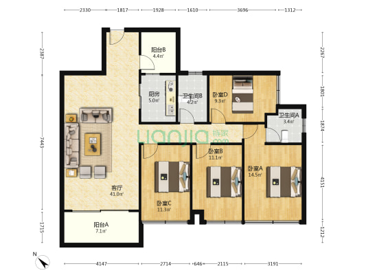 江畔豪苑 4室1厅2卫 129平方