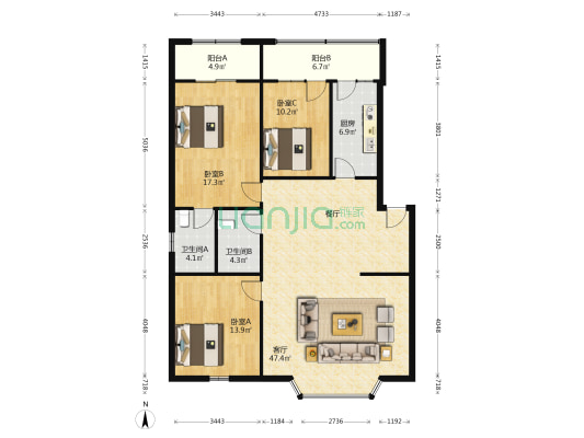 天庆南街77号 3室1厅2卫 132平方