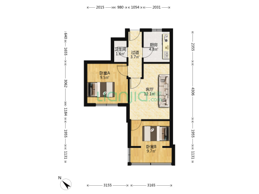 方正东街1号 2室1厅1卫 50平方