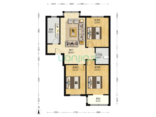 翡翠城 3室1厅 南-户型图