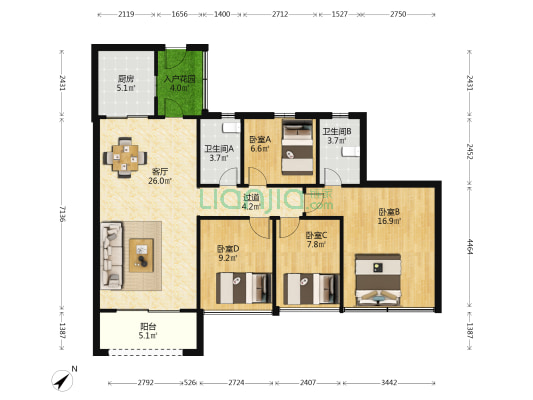 万科金域悦府 4室1厅2卫 118平方
