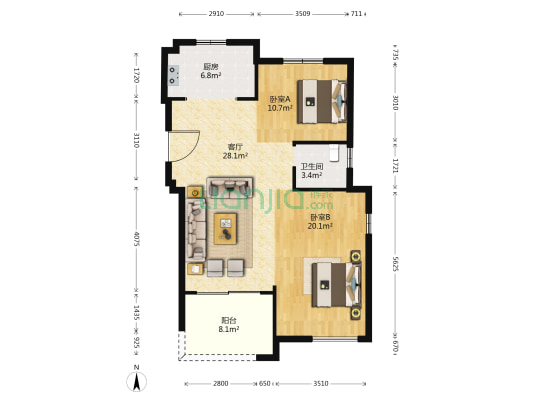 中梁壹品 2室1厅1卫 105平方