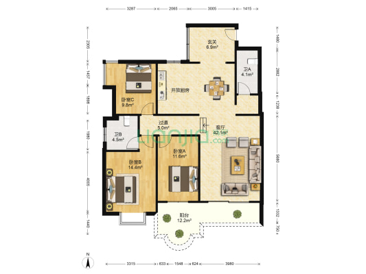 怡心园 3室1厅2卫 131平方