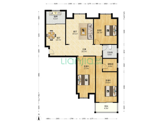 城市绿洲 3室2厅1卫 154平方