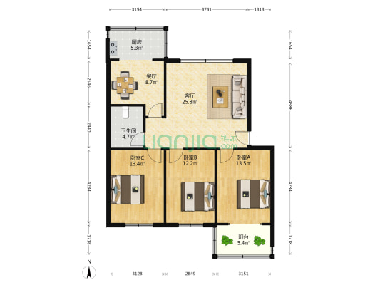 土地局家属楼 3室2厅1卫 106平方