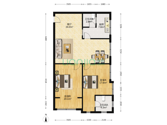 忠邦城 2室1厅2卫 109平方