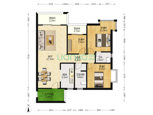 民生新城 3室1厅2卫 104平方