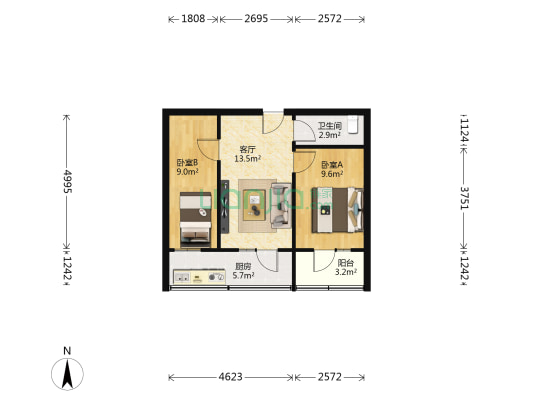 兰量小区 2室1厅1卫 55平方
