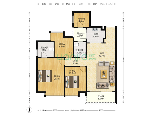 世港花园 3室1厅2卫 120平方