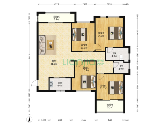 黄山新城二区 4室1厅2卫 121平方