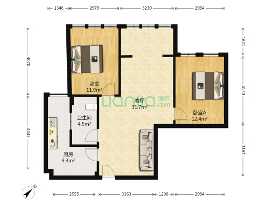 玖度阳光 2室1厅1卫 86平方