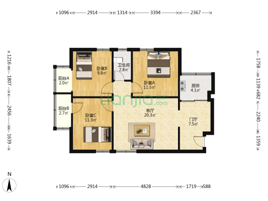 天井湖小区 3室1厅1卫 85平方