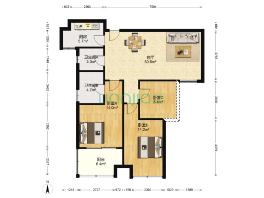 蓝鼎星河府 3室1厅2卫 116平方