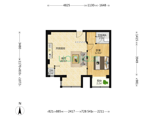 三里河南七巷1号院 1室1厅2卫 68平方