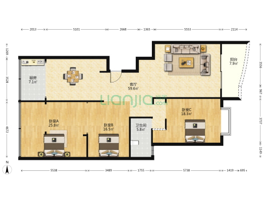迎江华庭 3室1厅1卫 173平方