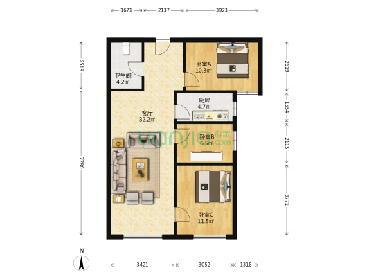 鸿坤理想湾   南向三居室   中间楼层   视野好-户型图