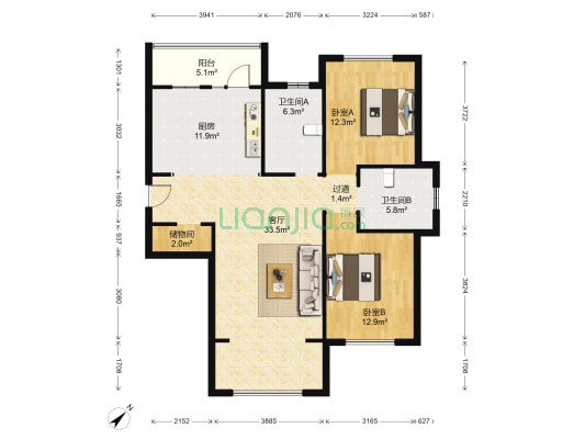 玫瑰湾珑岸 2室1厅2卫 133平方