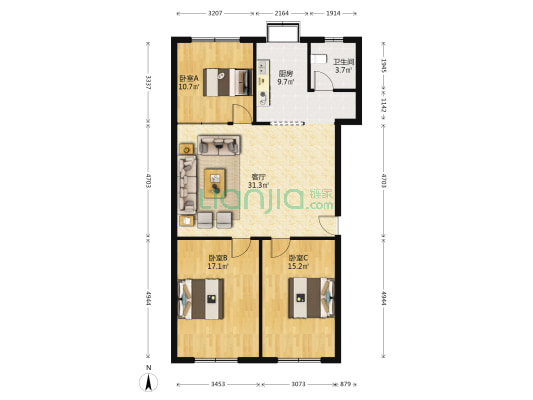 残联宿舍 3室1厅1卫 107平方