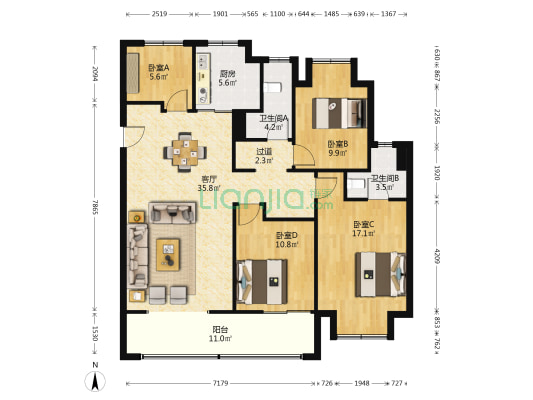 龙湖天璞 4室1厅2卫 134平方