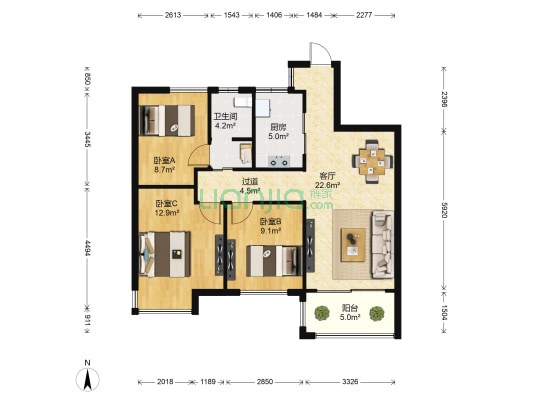 新力怡园 3室1厅1卫 88平方