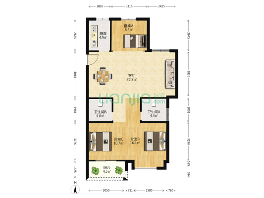 金洋半岛 3室1厅2卫 114平方