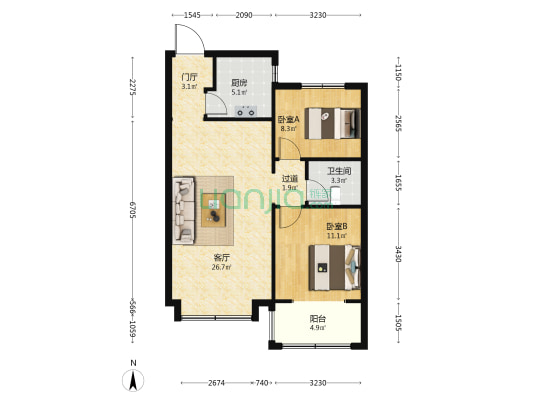翰林琴苑 2室1厅1卫 89平方