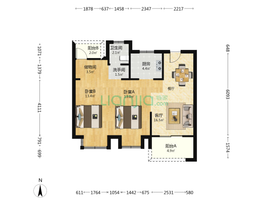 金达名苑 2室1厅2卫 77平方