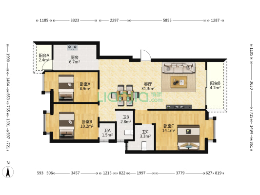金城港溢湾 3室1厅3卫 102平方