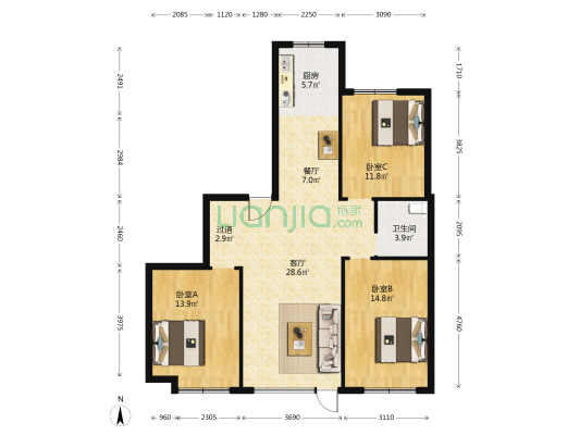 鲁鸿泰华蘭亭序 3室2厅1卫 110平方