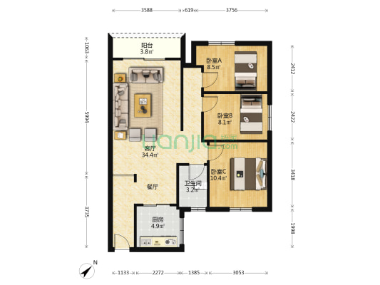 中银大厦 3室1厅1卫 97平方