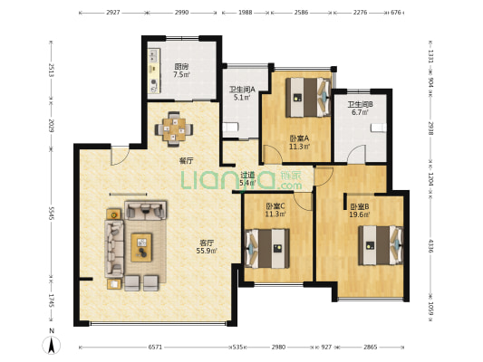 御江山花苑 3室1厅2卫 136平方
