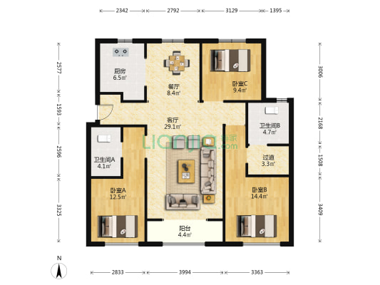 熙湖九里 3室2厅2卫 141平方