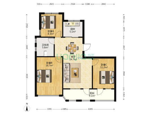 祥泰花苑 3室1厅1卫 150平方
