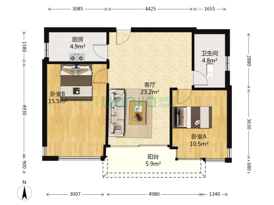 金宝城市佳园 2室1厅1卫 80平方
