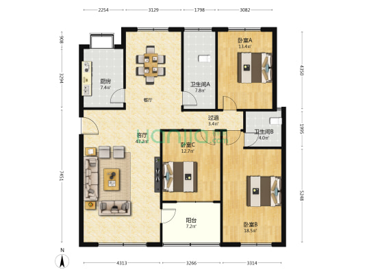 长沙市国土局宿舍二院 3室1厅2卫 106平方